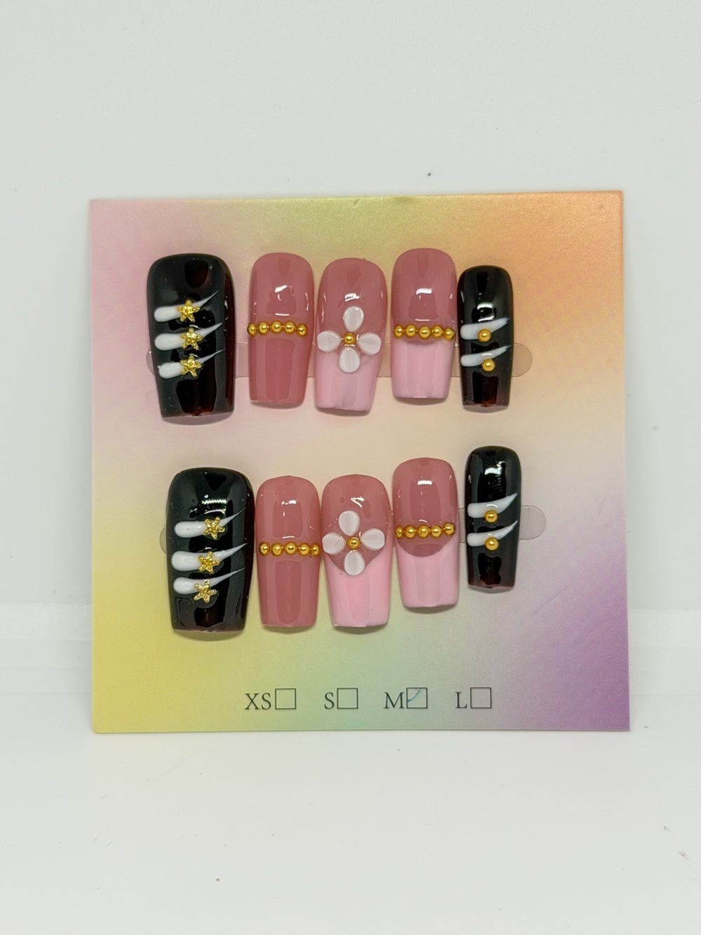 Pink & Black Floral Press-On Nail Set with Gold Accent